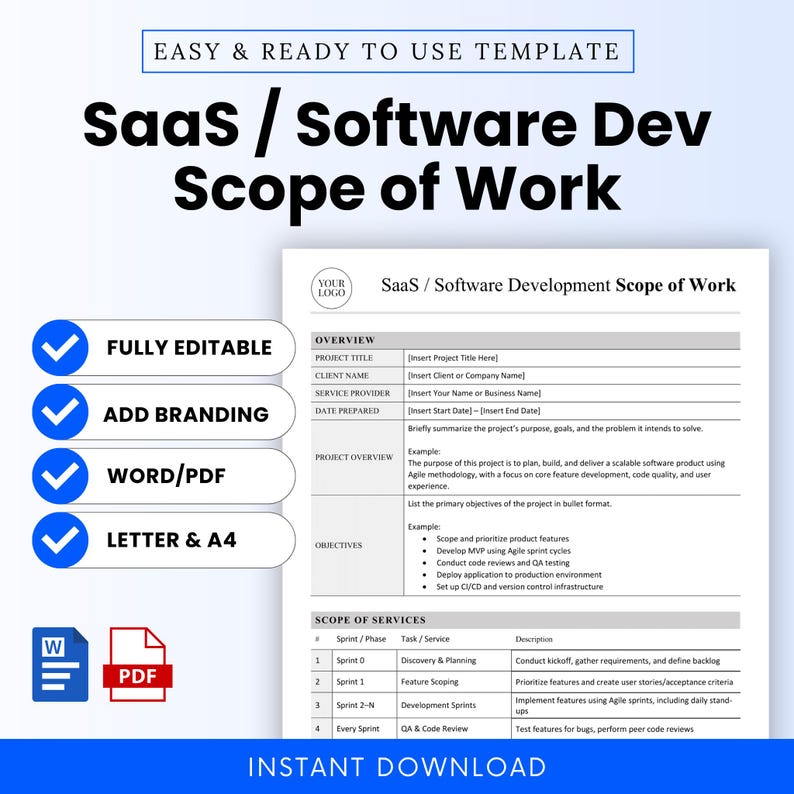 Saas / Software Development Scope of Work Template – Word & PDF, A4 ...
