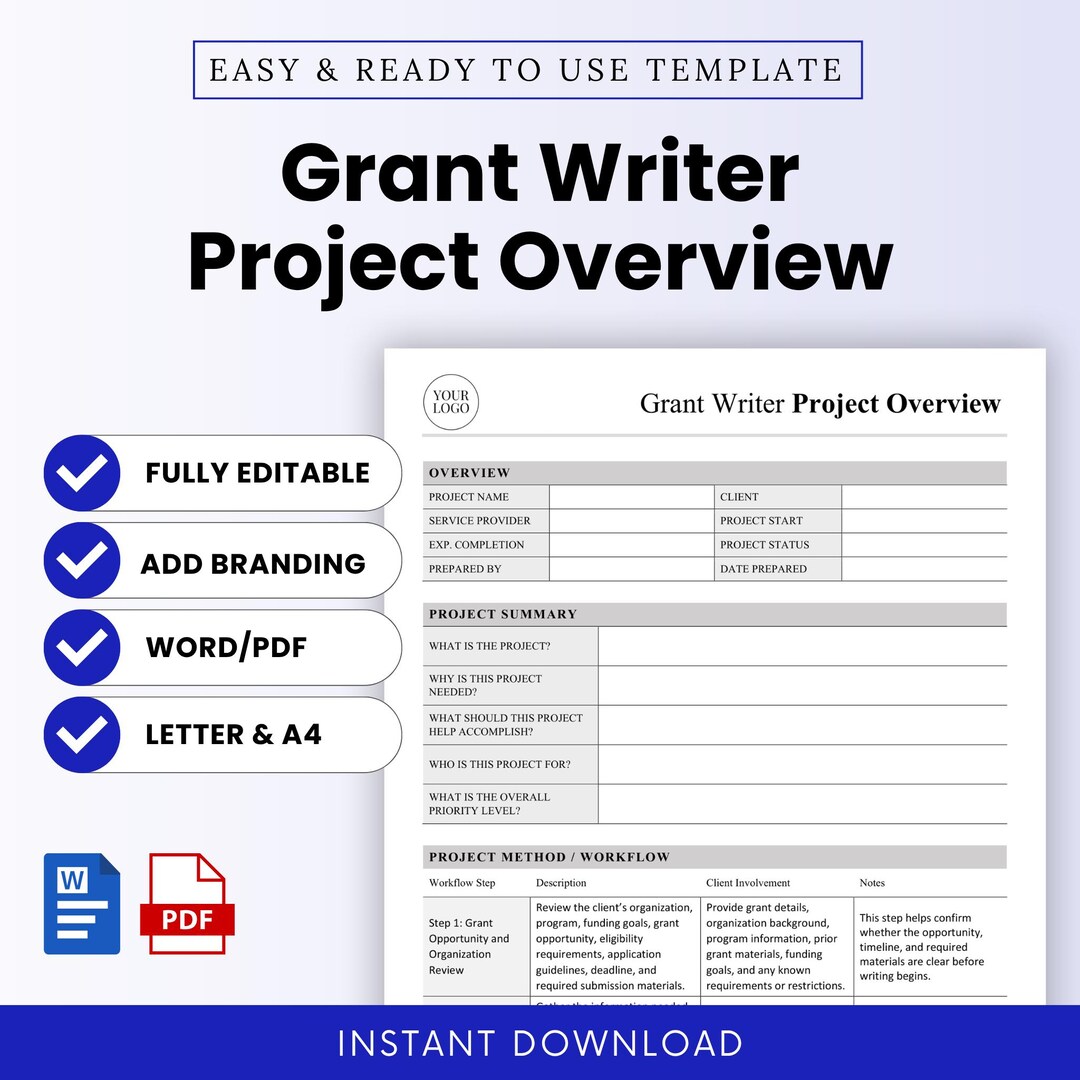 Grant Writer Project Overview Template – Word & PDF, A4 + US Letter ...