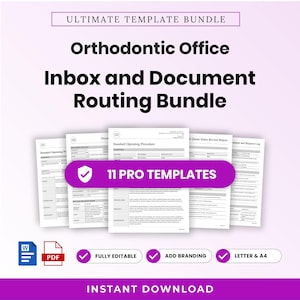 May include: A digital template bundle for an orthodontic office, featuring the text Ultimate Template Bundle, Orthodontic Office Inbox and Document Routing Bundle, and 11 Pro Templates. Includes Word and PDF icons, plus editable features.