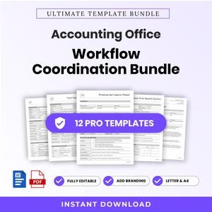 Può includere: Un pacchetto di modelli per il coordinamento del flusso di lavoro di uno studio contabile con 12 modelli professionali. Il set di documenti digitali include un pianificatore di carico di lavoro, elenchi di attività e liste di controllo.