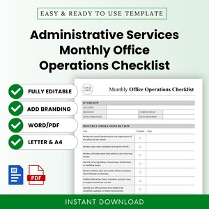 Puede incluir: Una plantilla digital para una lista de verificación mensual de operaciones de oficina. El documento incluye secciones para resumen, ubicación, fechas y una lista de tareas con casillas de verificación. Compatible con formatos Word y PDF.