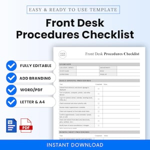 Op de afbeelding: Een afdrukbare checklist voor receptieprocedures met een blauw en wit ontwerp. De checklist bevat secties voor dagelijkse openings- en tijdens-shift procedures. Kenmerken zijn volledig bewerkbaar, merk toevoegen, Word/PDF en A4.