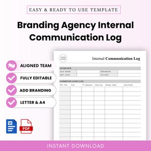Pode incluir: Um modelo digital para um registo de comunicação interna de uma agência de branding. O documento inclui uma secção de resumo para data, período, departamento e equipa, seguida de uma grelha de acompanhamento. Inclui ícones Word e PDF.