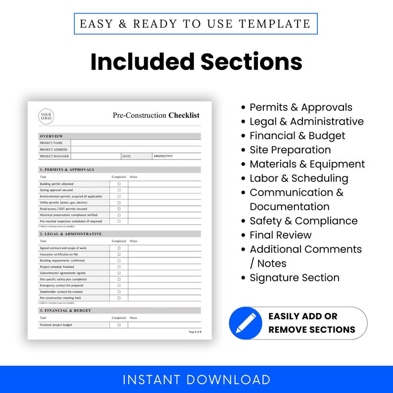 Pre-construction Checklist Template – Word & PDF, A4 + US Letter - Etsy