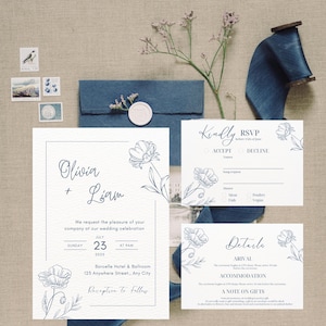 Hochzeitseinladungsreihe hellblau, Frenchy Dusty Blue Einladungen, bearbeitbares Vorlagenpaket, Blaues Boho-Hochzeitseinladungspaket, Antwortkarten