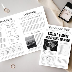 Może przedstawiać: Czarno-białe ogłoszenie ślubne w stylu starej gazety. Nagłówek brzmi "Estelle & Matt biorą ślub". Ogłoszenie zawiera statystyki ślubne, harmonogram dnia i ich historię miłosną.