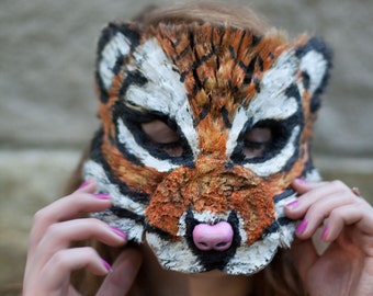 Hand Painted Tiger Mask, Fiber Art Costume, Mardi Gras, Halloween