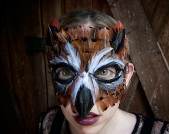 Feather Great Horned Owl Mask, owl costume, owl mask,mardi gras mask,bird costume, adult mask, child mask, Halloween costume, Halloween mask