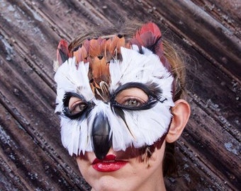 Handmade Feather Striped Owl Mask, Costume Cosplay