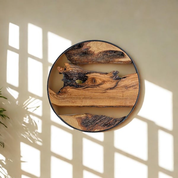 Decoración de pared de madera de olivo con marco de metal, arte rústico redondo hecho a mano, regalo especial de inauguración de la casa, decoración moderna de oficina y apartamento.