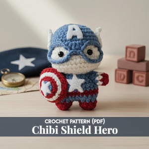 Patrón de ganchillo de soldado superhéroe, PDF de amigurumi de héroe del escudo, tutorial de bricolaje para muñeco de personaje de cómic.