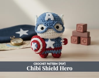 Superhero Soldier Amigurumi Crochet Pattern: Patriotic Hero Doll (PDF Digital Download) keychain, shield and mask