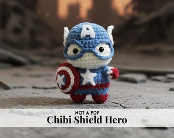 Handmade Mini Hero Crochet Doll with Shield, Chibi Soldier Amigurumi Desk Collectible, Fandom Gift