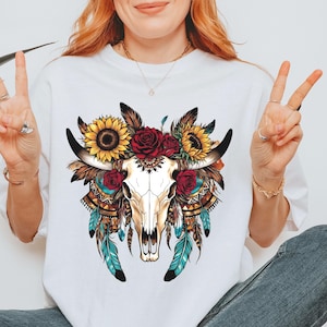 Boho Bull Cow Skull Designs PNG| Cow Skull PNG Sunflower Floral Western PNG | Boho Cow Skull | Cow Aztec Bull Skull Png