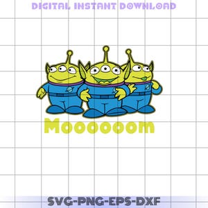 Puede incluir: Tres extraterrestres verdes con tres ojos cada uno, vistiendo trajes espaciales azules con detalles amarillos. Están de pie en fila y tienen la palabra "Moooooon" escrita en amarillo debajo de ellos.