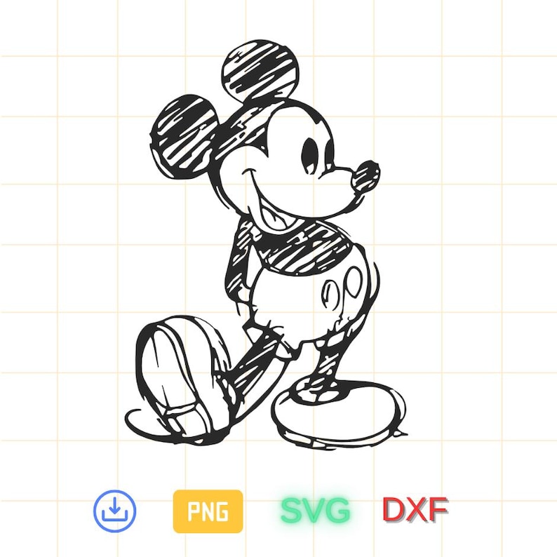 May include: Black and white line drawing of Mickey Mouse in a classic pose, with his signature smile and large ears.