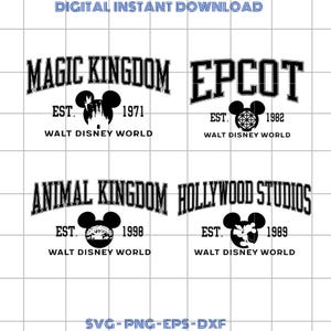 Op de afbeelding: Zwart-wit digitale download met vier ontwerpen: "Magic Kingdom", "Epcot", "Animal Kingdom" en "Hollywood Studios". Elk ontwerp bevat de parknaam, het Mickey Mouse-silhouet, het oprichtingsjaar en "Walt Disney World."