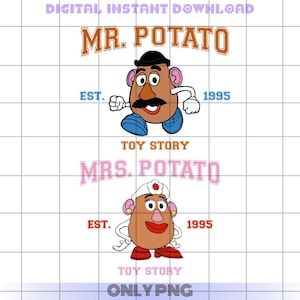 Puede incluir: Una descarga digital de dos imágenes con Mr. y Mrs. Potato Head de la franquicia Toy Story. Las imágenes son de estilo de dibujos animados y presentan a los personajes en sus poses clásicas. El texto "EST. 1995" y "TOY STORY" está incluido en las imágenes.