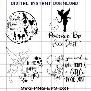 Puede incluir: Descarga digital en blanco y negro con diseños temáticos de Campanilla. Incluye siluetas de hadas, estrellas y texto como "Never Grow Up", "Powered by Pixie Dust" y "Think Happy Thoughts". La imagen también incluye el texto "SVG-PNG-EPS-DXF."