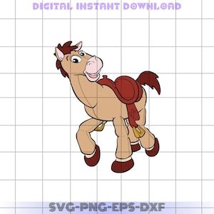 May include: A cartoon illustration of a tan horse with a red saddle and a smiling expression. The image includes the text "DIGITAL INSTANT DOWNLOAD" and "SVG-PNG-EPS-DXF".