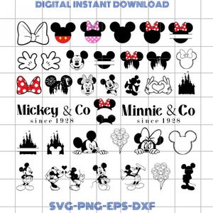 Può includere: Una grafica scaricabile digitalmente con vari disegni a tema Mickey e Minnie Mouse. Include sagome di teste di Mickey Mouse, fiocchi, guanti e contorni di castelli. Il testo include "Mickey & Co since 1928" e "Minnie & Co since 1928".