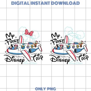May include: Digital instant download featuring two airplane designs. Each plane is white and blue, with red accents and Disney characters. The text "My First Disney Trip" and "Disney" are in black script. A red bow and clouds are also present.