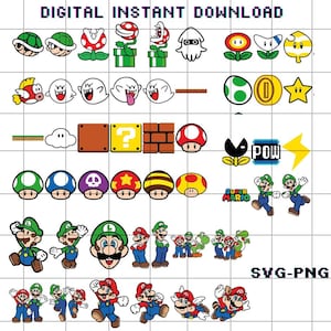 Super Mario Bross Svg Bundle, Luigi Png, Mario Item Clipart, Mario Friends Digital File, Svg For Cricut
