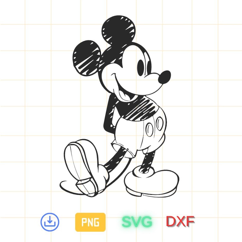 May include: Black and white line art illustration of Mickey Mouse in a classic pose. Mickey is smiling and looking to the right. He is wearing his signature red shorts with two white buttons.