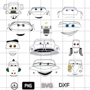 May include: A collection of cartoon car face designs in black and white. The image includes various car faces with different expressions and features, suitable for digital art projects. The image also includes the text "PNG", "SVG", and "DXF".