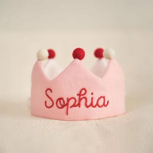 Personalized Pink Crown Birthday Hat, Custom Name Fabric Crown with Red Pom Poms, Adjustable Baby Girl Party Tiara, Toddler Princess Gift