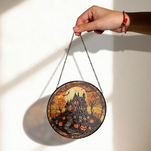Halloween Stained Glass Suncatcher, Haunted House with Pumpkins and Bats, Spooky Gothic Window Hanging Decor