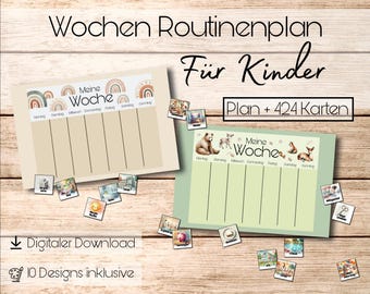 May include: Two weekly routine planners for children with the text "Wochen Routinenplan Für Kinder". The planners are beige and green with rainbow and animal illustrations. Includes small picture cards and the text "Digitaler Download" and "10 Designs inklusive".