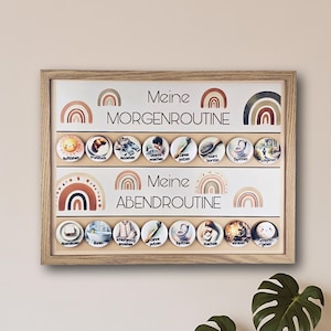 Könnte beinhalten: Ein gerahmter Druck mit dem Text "Meine MORGENROUTINE" und "Meine ABENDROUTINE" über illustrierten täglichen Aktivitäten. Der Druck zeigt Regenbogen-Designs und kreisförmige Symbole für Morgen- und Abendroutinen.