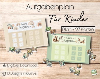Op de afbeelding: Twee taakkaarten met de tekst "Aufgabenplan Für Kinder" en "Meine Aufgaben". De kaarten hebben selectievakjes en kleine fotokaarten. De tekst "Digitaler Download" en "10 Designs inklusive" is ook zichtbaar.