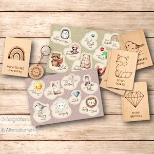 Geschenkset Affirmationen für Kinder – Affirmationskarten, Sticker und Schlüsselanhänger – personalisierbar & Montessori-inspiriert