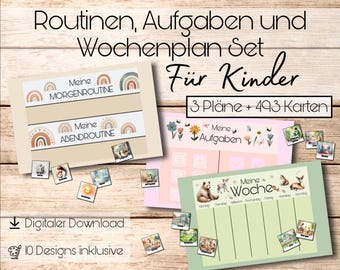 May include: Digital download set for kids, featuring a weekly planner, routine charts, and task cards. The design includes rainbow and animal illustrations, with the text "Routinen, Aufgaben und Wochenplan Set Für Kinder". Includes 3 plans and 493 cards.