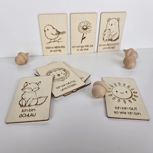 Tarjetas de madera con afirmaciones para niños, personalizables, de amor propio y atención plena, de inspiración Montessori, ideal para regalar.