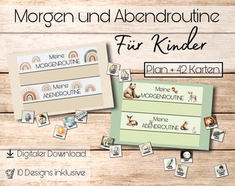 May include: Digital download of a children's daily routine plan with 42 cards. The design features a beige and green color scheme with rainbow and animal illustrations. Text includes "Morgen und Abendroutine" and "Für Kinder".