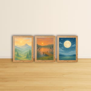 Könnte beinhalten: Drei gerahmte Landschaftsbilder. Das erste zeigt eine Bergkette mit Sonnenuntergang. Das zweite zeigt eine Seelandschaft mit Steg und Schilf. Das dritte zeigt einen Vollmond über einer Landschaft. Alle sind in Holzrahmen.