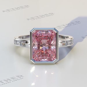 3 Carat Fancy Vivid Pink Radiant Cut Lab Diamond Engagement Ring / Lab Grown Pink Diamond / pink diamond ring / Bezel Setting Ring in Gold