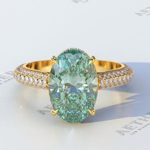 Fancy Green Moissanite Diamond Wedding Ring - 14K Solid gold Engagement Ring - Anniversary Gift Ring For Bridal - Art Deco Proposal Ring