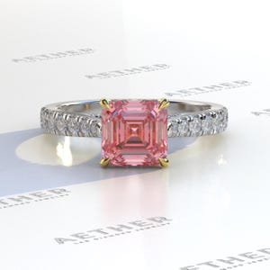 Pink Diamond Ring, 2 Carat Ascher cut pink lab grown diamond ring, Ascher pink diamond engagement ring, Pave &Halo Lab Grown Ring 18k Gold