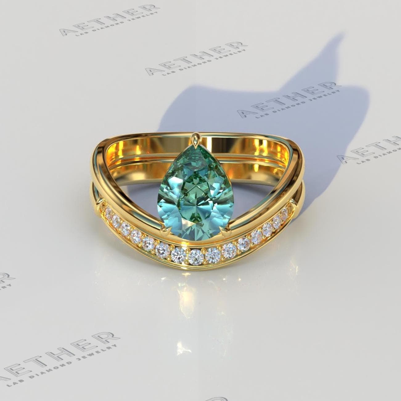 1.50カラット グリーンペアーカット ラボグロウンダイヤモンド スタッカブルエンゲージリング