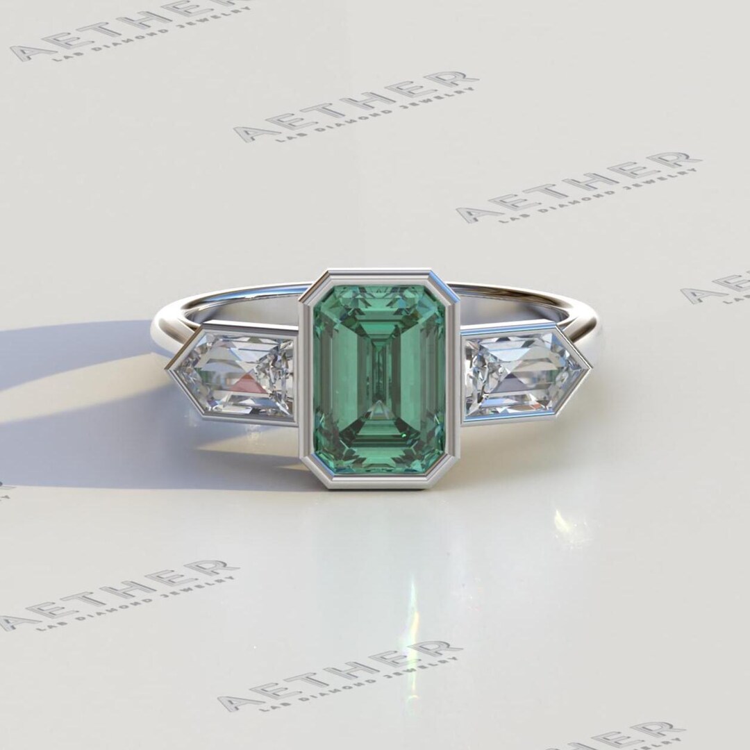 3カラット エメラルドカット グリーン モアッサナイト ダイヤモンド エンゲージリング スリーストーン ウェディングリング、ハンドメイドリング、14K  ソリッドゴールド ブライダルリング、プロポーズリング - Etsy 日本