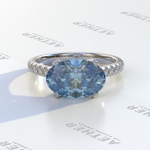 Oval Cut Blue Diamond Ring, 3 Carat Fancy Vivid Blue Lab diamond Ring, Oval Cut Lab Grown Diamond Engagement Ring, Horizontal setting ring