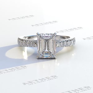 2 Ct lab Diamond Emerald cut Engagement Ring, cathedral Setting lab Diamond Ring, Hidden Halo Pave set wedding ring emerald cut diamond Ring
