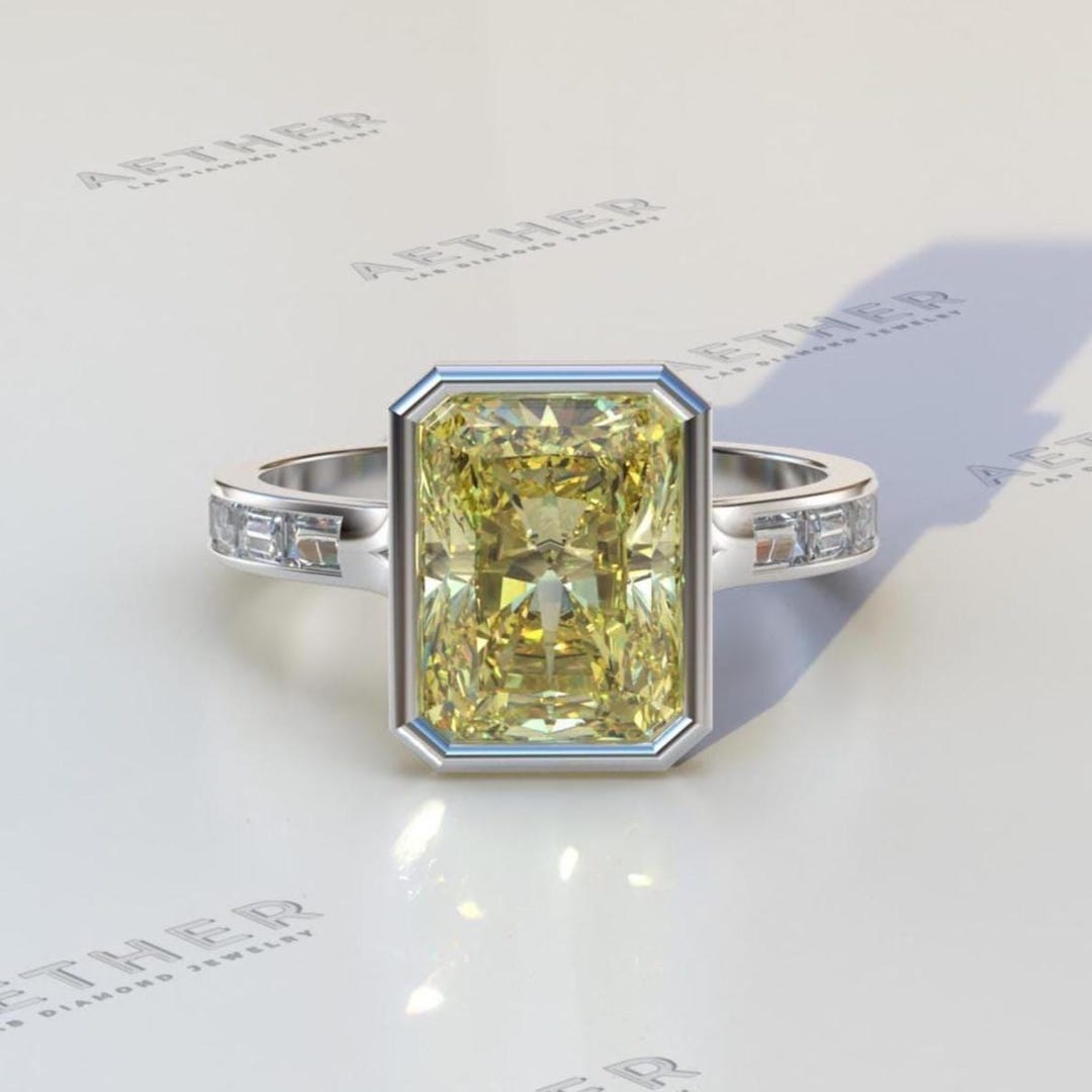 3カラット ラディアントカット イエロー ラボグロウン ダイヤモンド リング - ユニークなベゼルセット 結婚指輪 - 14K ソリッドゴールド  エンゲージリング - 記念日ギフトリング - Etsy 日本