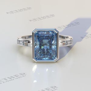 3 CT Radiant Cut Blue Moissanite Diamond Ring, Unique Bezel Set Wedding Ring, Proposal Ring, Engagement Ring, Anniversary Gift Ring For Her