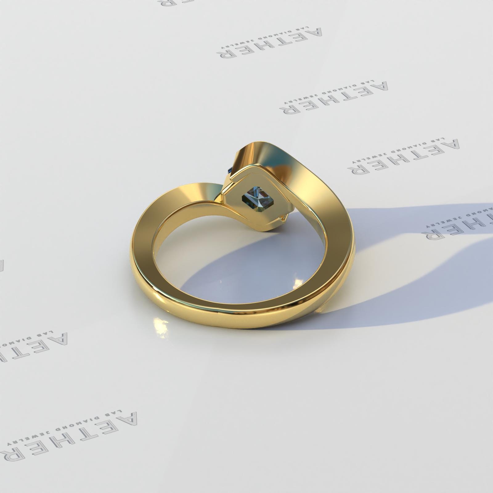 アッシャーカットファンシーブルーモアッサナイトダイヤモンドリング、ユニークなカーブのバンドウェディングリング、ミニマリストなアッシャーカットソリティアダイヤモンドリング、エンゲージリング