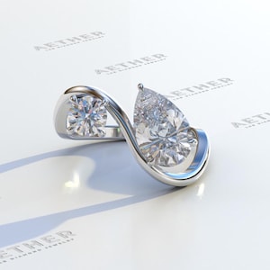 2 CT Double Tear Drop Ring, Two stone Pear Cut Diamond Engagement Ring, Two Stone Toi Et Moi Ring, Pear cut Lab Diamond Ring IGI certified